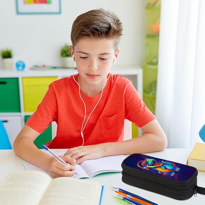 HiMagics Children's Pencil Case, Large Zipper Pencil Pouch for Boys with Two Compartments Boys Pen Pouch for School Dinosaur Pencil Bag, Black
