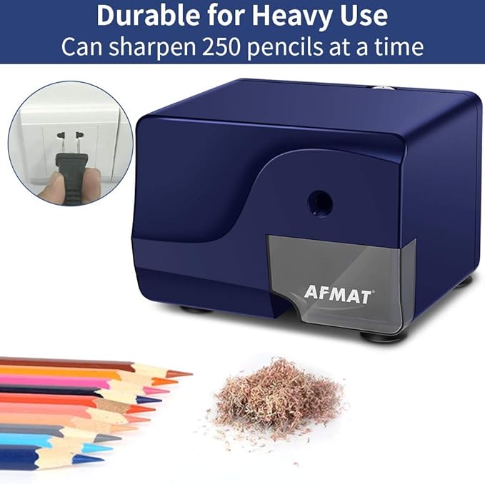 AFMAT Electric Pencil Sharpener Heavy Duty, Colored Pencil Sharpners for 6-8mm Pencils, Fast Sharpen in 3-5s, 3 Sharpness Setting, 10,000+ Sharpenings for Classroom, School, Home, Blue PS107