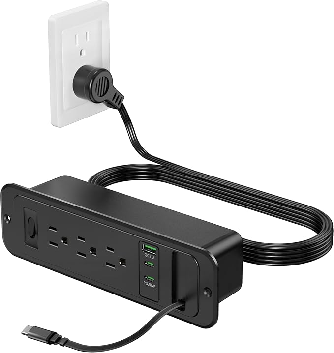 Recessed Power Strip with Retractable USB C Cable,2 PD 20W USB C,Flush Mount Countertop Drawer Outlet, Furniture Hidden Outlet for Side Table,End Table,3 Outlets (Black, 6FT-20W USB)