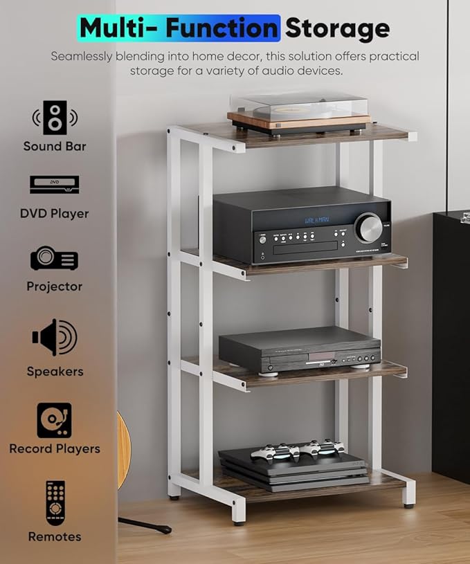 Ardier 4-Tier Wooden Media Stand, AV Media Stand Corner Shelf for TV Accessories/Audiovisual Equipment/Optical Disc/PS4, Audio Storage Rack for Living Room, Gaming Room, Music Studio, White