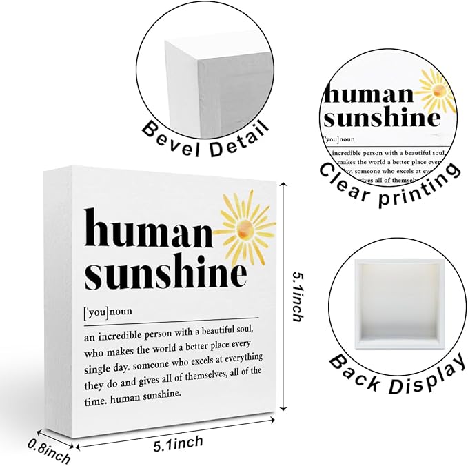 Sunshine Gifts for Women, Inspirational Gifts Human Sunshine Wood Box Sign, Thank You Gifts Appreciation Gifts for Teacher Friends Coworkers Nurse Christmas, Office Home Desk Cubicle Table Shelf Decor