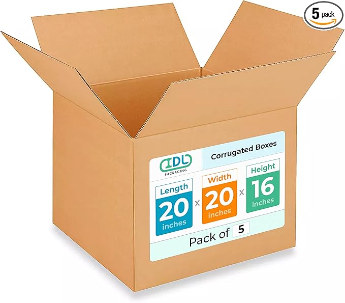 Extra Large Shipping & Moving Boxes 20 x 20 x 16 inches (5-Pack) - Extra Strength 200 lb vs Regular - Corrugated Shipping Box, Made in USA - Heavy Duty Shipping Box by IDL Packaging