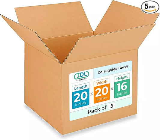 Extra Large Shipping & Moving Boxes 20 x 20 x 16 inches (5-Pack) - Extra Strength 200 lb vs Regular - Corrugated Shipping Box, Made in USA - Heavy Duty Shipping Box by IDL Packaging
