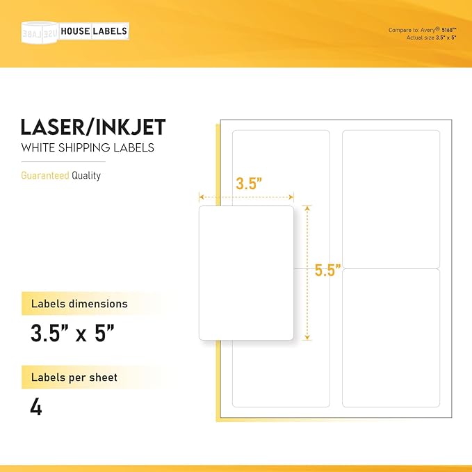 HOUSELABELS 4-up Shipping Labels (3-1/2" x 5") for Laser and Inkjet Printers, 2,000 Sheets