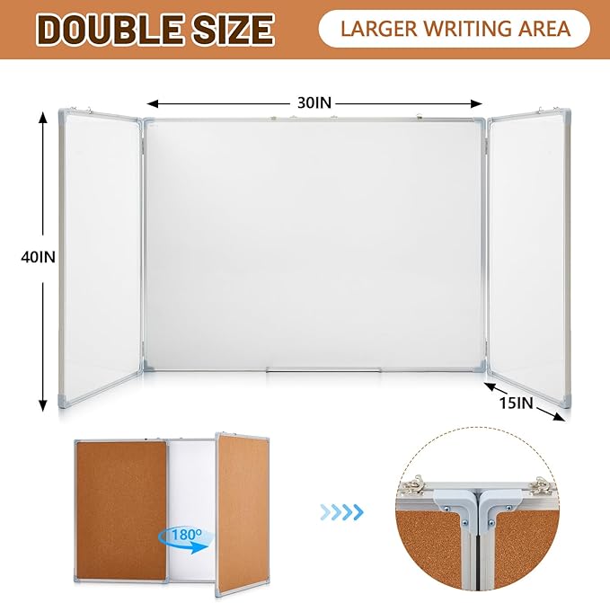 Mooliwe 60"x40" Tri-fold Cork Board Whiteboard Combo, Foldable Combination Magnetic Dry Erase Bulletin Board & Corkboard with Aluminum Frame Wall Mounted for Home, Office and School(Wood)