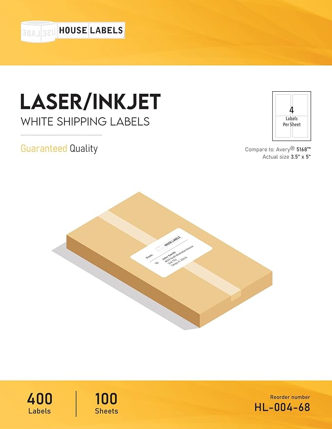 HOUSELABELS 4-up Shipping Labels (3-1/2" x 5") for Laser and Inkjet Printers, 1200 Sheets