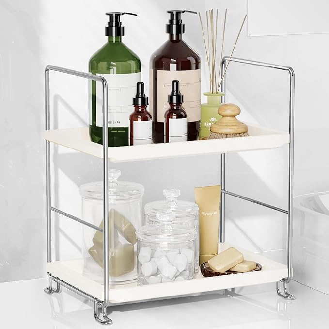 FSyueyun 2-Tier Bathroom Countertop Organizer, Tool-Less Installation Premium Plastics Makeup Shelf Organizer Perfume Skincare for Dresser Vanity Tray Organizers and Storage (Sliver)