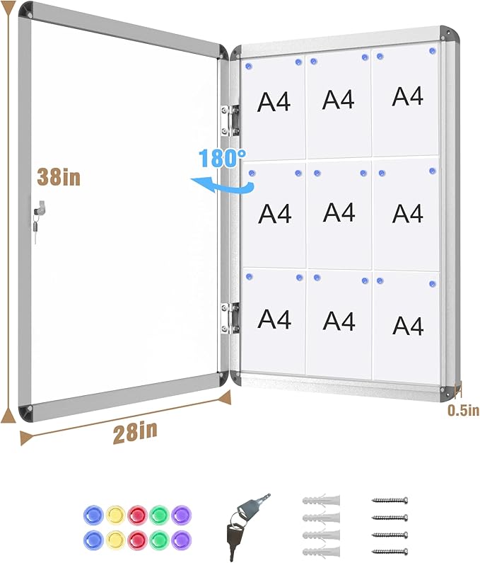 Mifuro 38"x28" Enclosed Bulletin Board, Lockable Weather-Resistant Aluminum Noticeboard for School & Office, Silver Frame w/Magentic Whiteboard