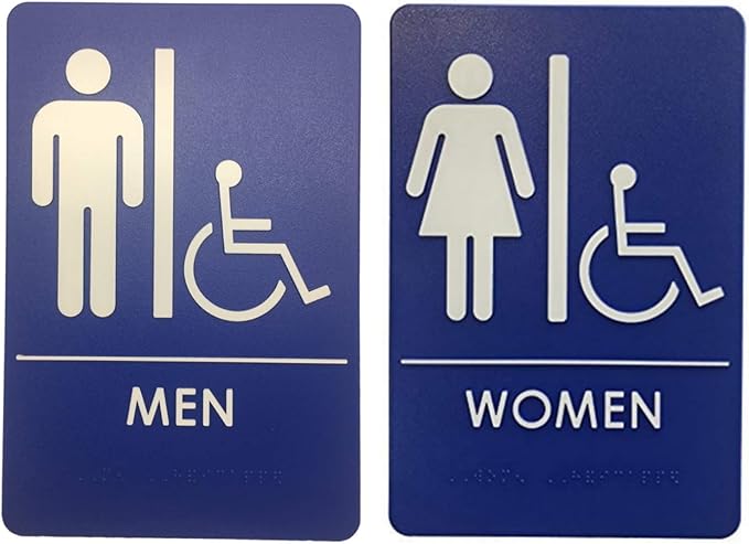 USA Made - Men's and Women's Restroom Signs ADA-Compliant Bathroom Door Signs for Offices, Businesses, and Restaurants, Black, Blue, Grey and Taupe/Tan Colors (Blue Handicap)