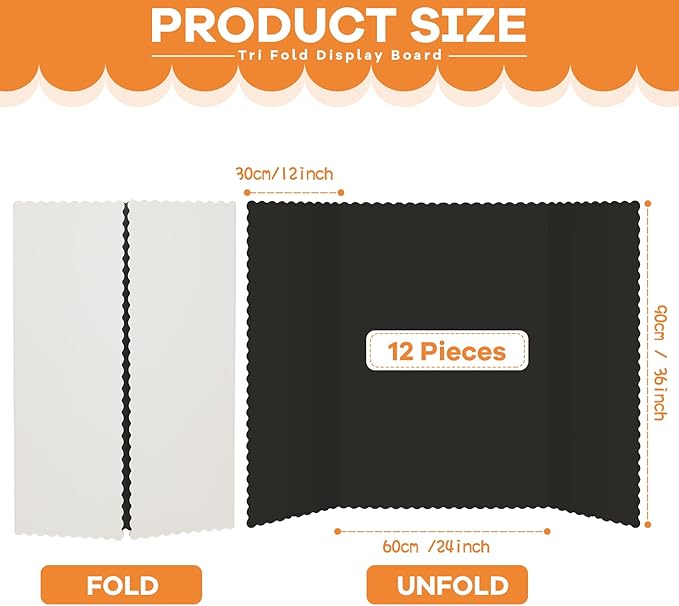 Henoyso 12 Pcs 36 x 48 Inch Black Trifold Poster Board Large Tri Fold Presentation White Display Board Foldable Paperboard for Science Fair School Business Project Exhibition