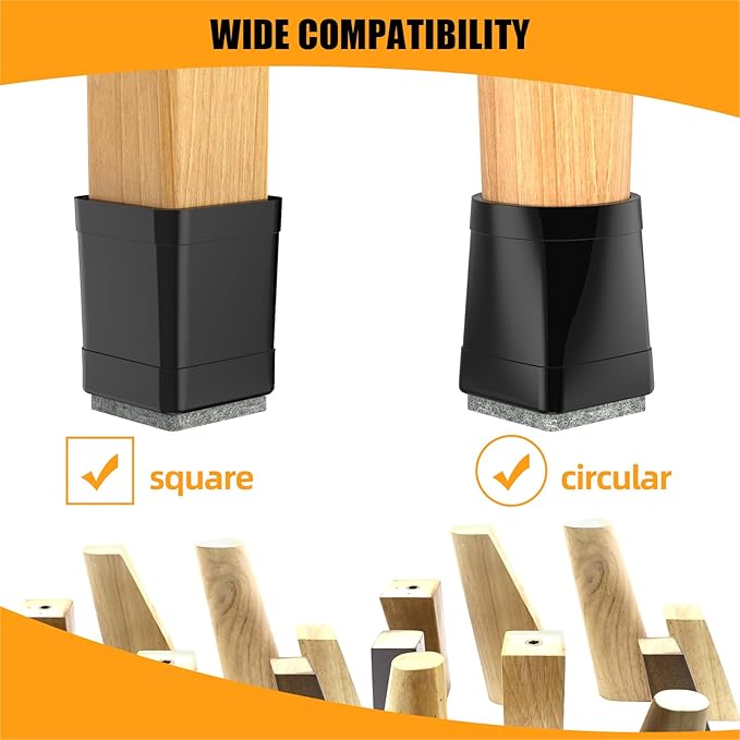 Square Chair Leg Protectors for Hardwood, 16Pcs Silicone Chair Legs Caps to Prevent Floor from Scratches and Reduce Noise, Easy to Move(1.25 Inch Black).