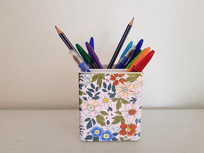 LEAZUL Pen Pencil Holder, Makeup Brush Holder,Ceramic Remote Control Holders Organizer with 2 Compartment Floral Multi-functional Office Organizers Storage Caddy Desk Tv Remote Holders Pink Flowers