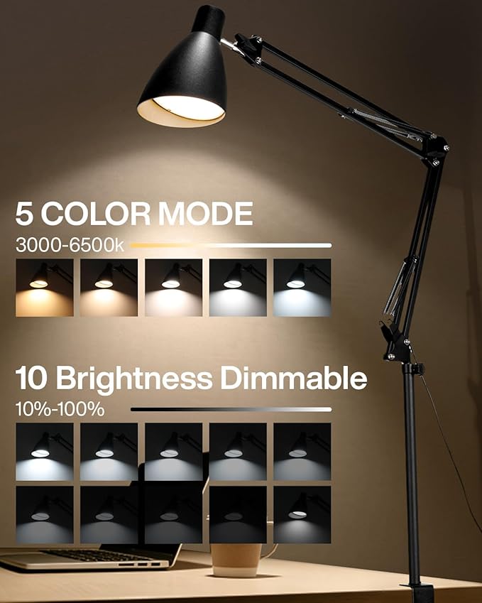 LED Desk Lamp for Home Office, Extra Tall Metal Swing Arm Architect Desk Lamp with Clamp, 5 Color Modes 10 Brightness Task Lamps, Adjustable Gooseneck Clip-on Table Light for Reading Home Work Study