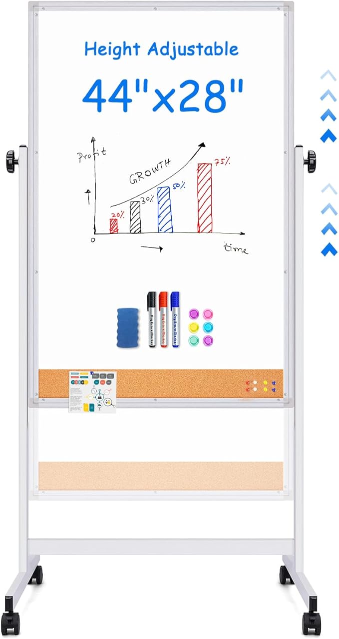 maxtek Rolling White Board, 44x28 Inches Magnetic Cork Board Combo, Portable Double-Sided Dry Erase Board on Wheels, Height Adjutable Easel Board for Home, School, Office