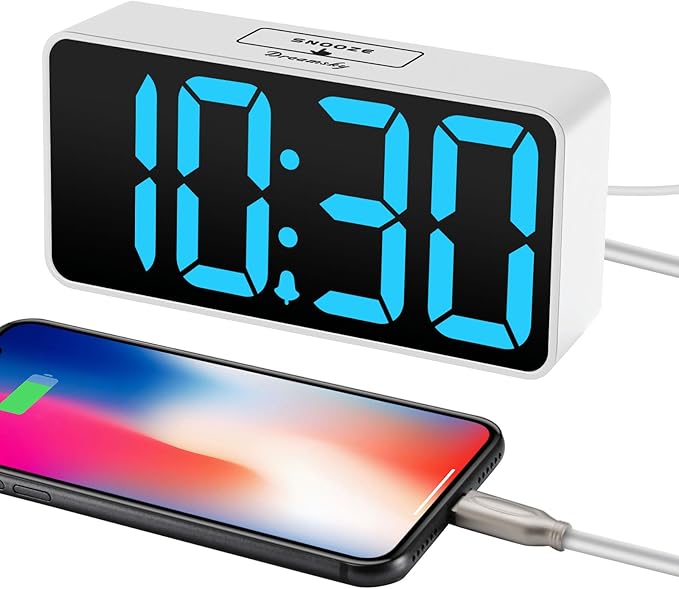 DreamSky Small Digital Alarm Clock for Bedroom, Large Big Numbers Display with Brightness Dimmer, Electric Bedside Desk Clock with USB Charging Port, Adjustable Alarm Volume, USB-C Adapter Powered