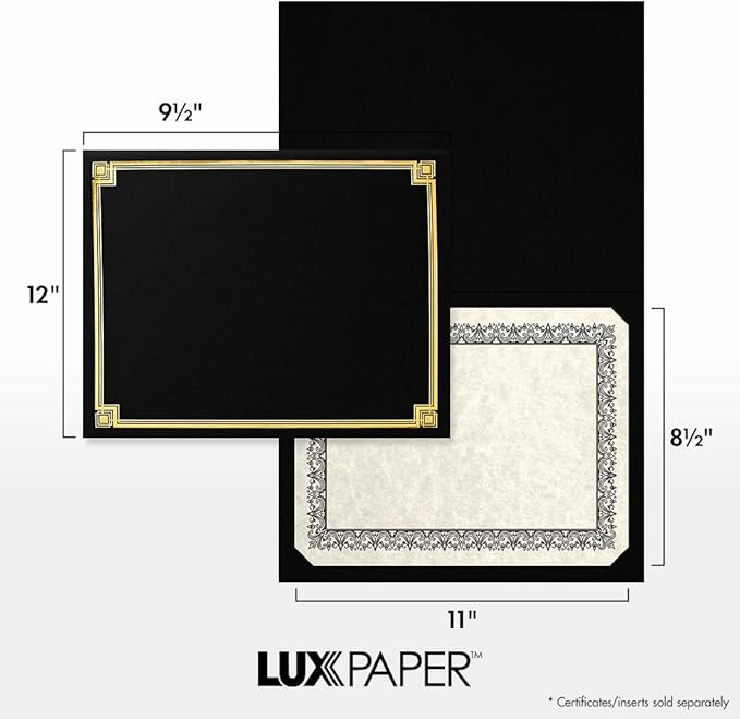 LUXPaper 9.5" x 12" Certificate Holders | Black Linen | Embossed Gold Foil Border | 100lb. Cover | 100 Qty