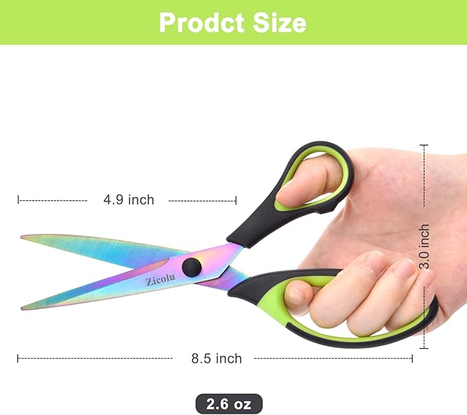 8.5" Scissors All Purpose, Multipurpose Office Scissors Set, Titanium Coating Sharp Blade, Soft Comfort-Grip, Ideal for Fabric, School, Home, Craft & Sewing, Right/Left Handed, Assorted Color, 3 Pack