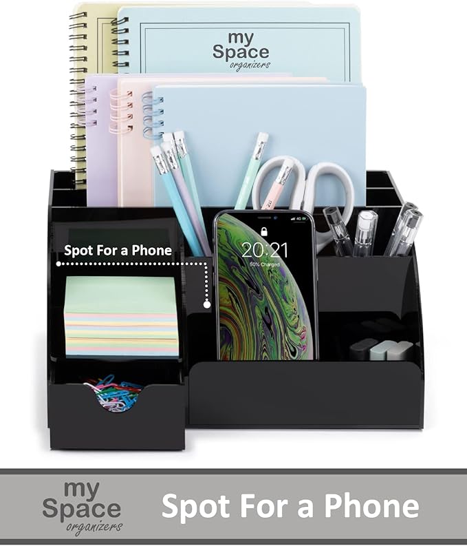 My Space Organizers Black Desk Organizer with 9 Compartments - Desktop Office Supplies and Desk Accessories Organizer