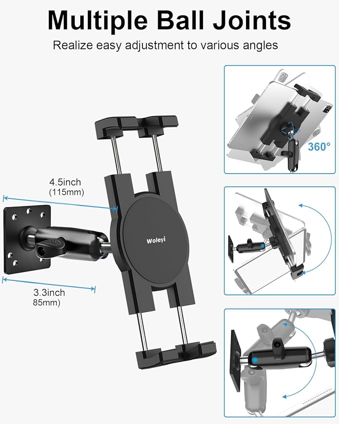 Small Tablet Wall Mount iPad Holder, Metal 360° Adjustable Stand, Multiple Hole Position, Alloy Base and Joint Arm, for iPad Pro Air Mini, Galaxy Tabs, Z Fold, Fire HD, Surface, iPhone, 4-13" Devices