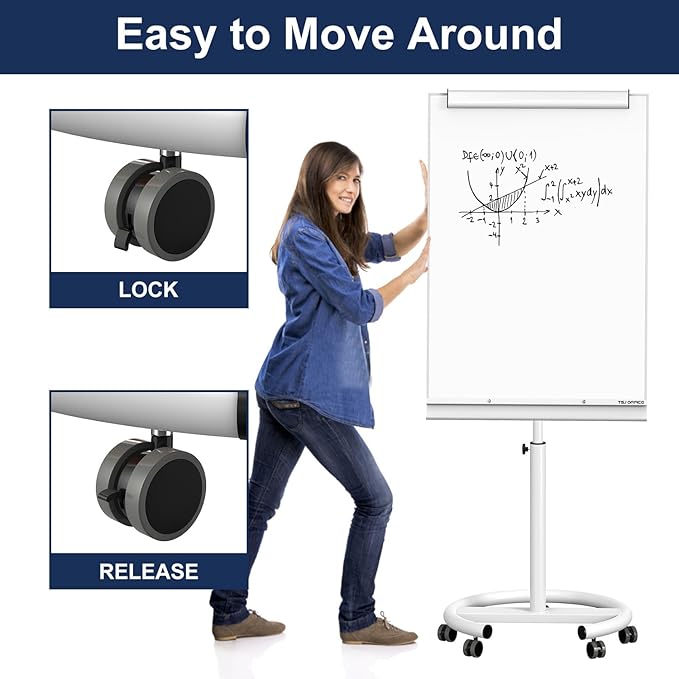 TSJ OFFICE Rolling Whiteboard Standing - 40 x 26 Inches Magnetic Mobile White Board with Stand, Height Adjustable Dry Erase Board on Wheels with Paper Clamp on Top, White