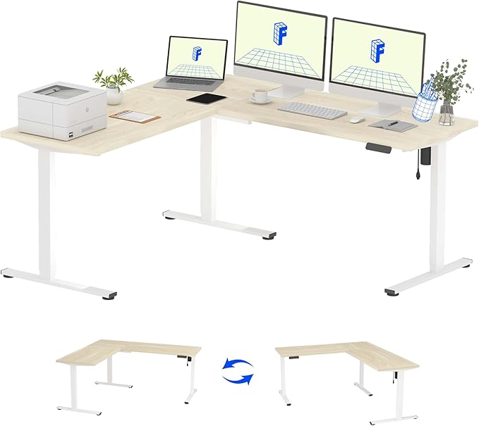 FLEXISPOT L Shaped Standing Desk, 71 x 63 Inch Electric Height Adjustable Corner Desk, Sit Stand Computer Workstation, Preset Controller, Home Office, White Frame with Maple Top