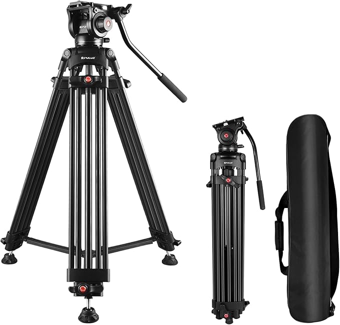 PULUZ 67"/170cm Video Tripod, Heavy Duty Aluminum Alloy Camera Tripod Stand with 360° Fluid Drag Head, QR Plate Compatible with Canon Nikon Sony and Other DSLR Camera Camcorder, Load Up to 22lb/10kg