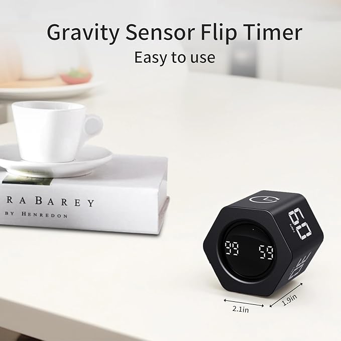 Productivity Timer Flip Gravity Sensor Cube Timer Countdown & Countup,Mute & Vibrate & Sound，5/10/30/60min & Custom Timing, Perfect for ADHD,Work,Learning,Kitchen Cooking (2, Black Hexagon)