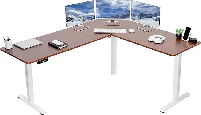 VIVO Electric Corner 75 x 63 inch L-Shaped Standing Desk, Memory Height Adjustment, Dark Walnut Top White Frame, DESK-E3CTWD-75