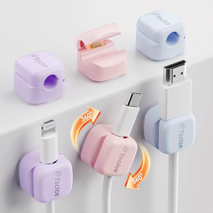 Yocice 6Pack Rotatable Cord Organizer,Spring Cable Clips Desk Cable Management Cord Holder Adhesive Phone Charger Cord Clips for Home Office Car Wall Nightstand Accessories, Multicolor