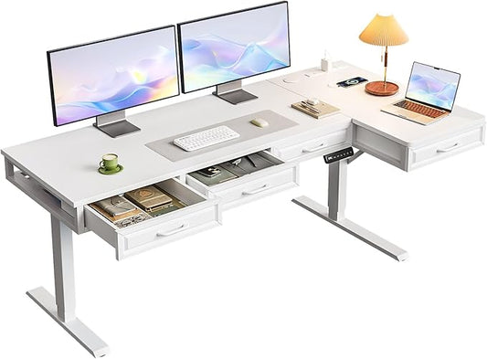 OffiGo L Shaped Electric Standing Desk with Wooden Drawers, 63 Inch Height Adjustable Corner Workstation with Power Outlets, Sit Stand Table for Home, Office, White