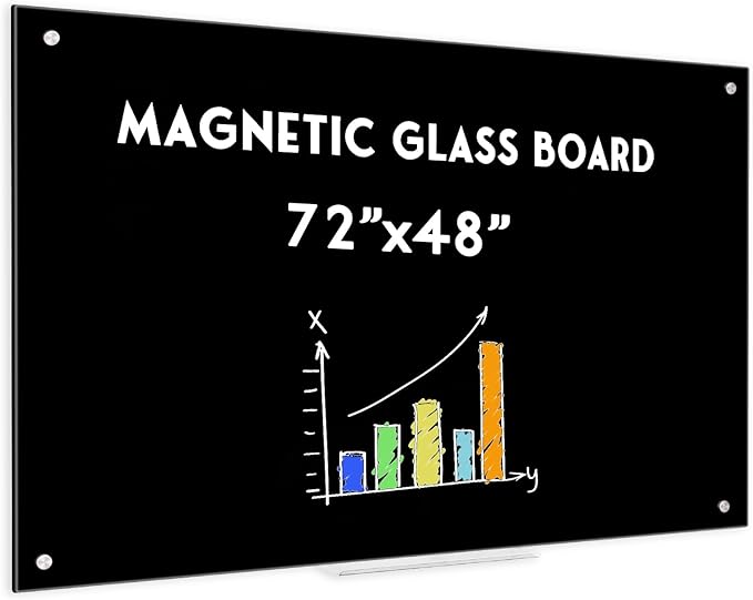Black Dry Erase Board, 6' x 4' Magnetic Glass Whiteboard for Wall,72" x 48" Large Black Glass Magnetic Board with 1 Marker Tray and 10 Magnets for Office, Home, Classroom