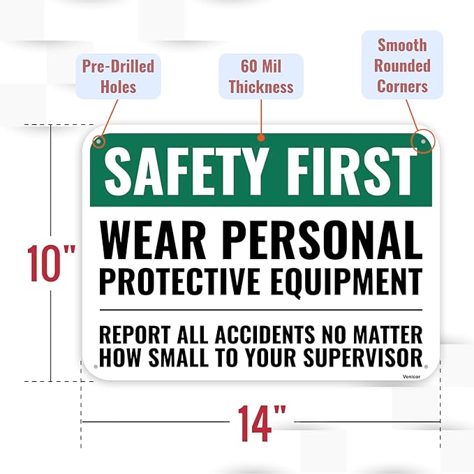 1PC Safety Sign, 14 x 10 Inches - Aluminum - Safety Decorations Posters For Workplace - Wear Personal Protective Equipment