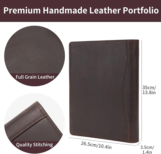 Geslun Personalized Genuine Leather 3 Ring Binder, Custom Engraved 8.5 x 11 Letter Size Folio with Pen Holder, Soft Notebook Portfolio Cover, Notepad Padfolio Organizer for Meeting, Dark Brown