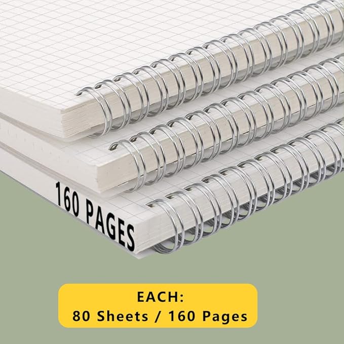 WRENBEN 120gsm Graph Paper Composition Notebook A5 Spiral Notebook 160 Pages Per Hardcover Grid Notebooks 5.7 x 8.3 Inches (4 Pack)