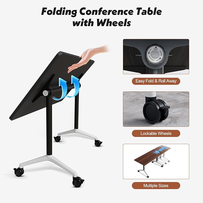 Goakwwuz Conference Room Table, Folding Conference Tables,Thicken Grey Tabletop,Flip Top Wooden Seminar Meeting Room Table for Conference Room Offices (2, Walnut, 55.1”)