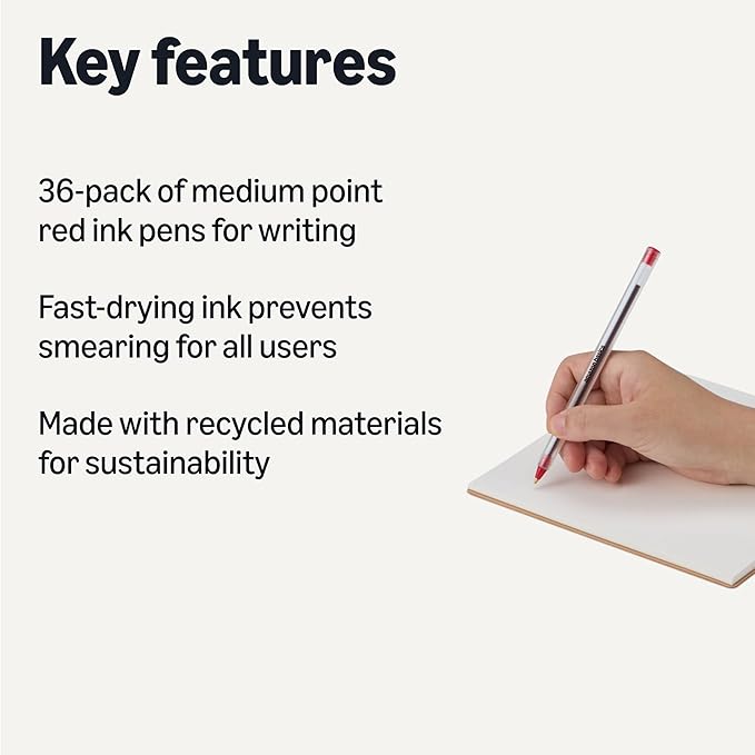 Amazon Basics Ballpoint Pens, 1.0mm, Red, 36 Pack