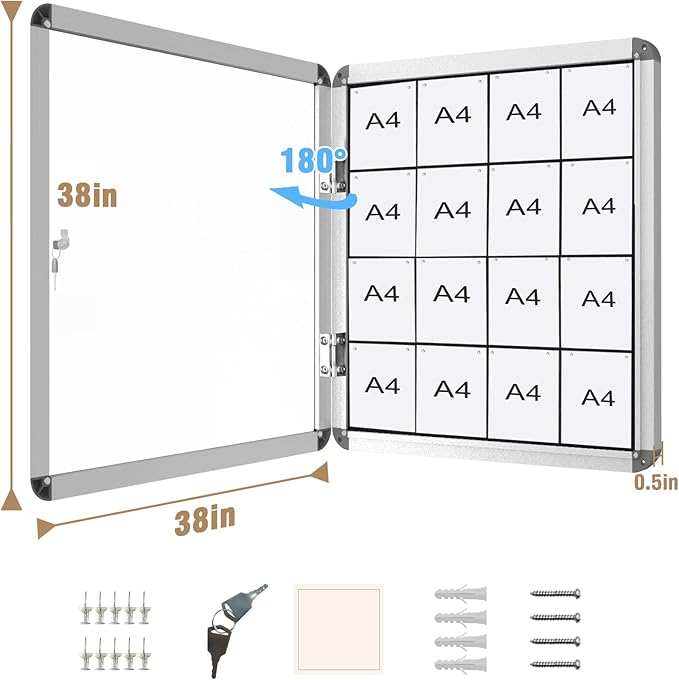 Mifuro 38"x38" Enclosed Bulletin Board, Lockable Weather-Resistant Aluminum Cork Noticeboard for School & Office, Silver Frame w/Black Flet