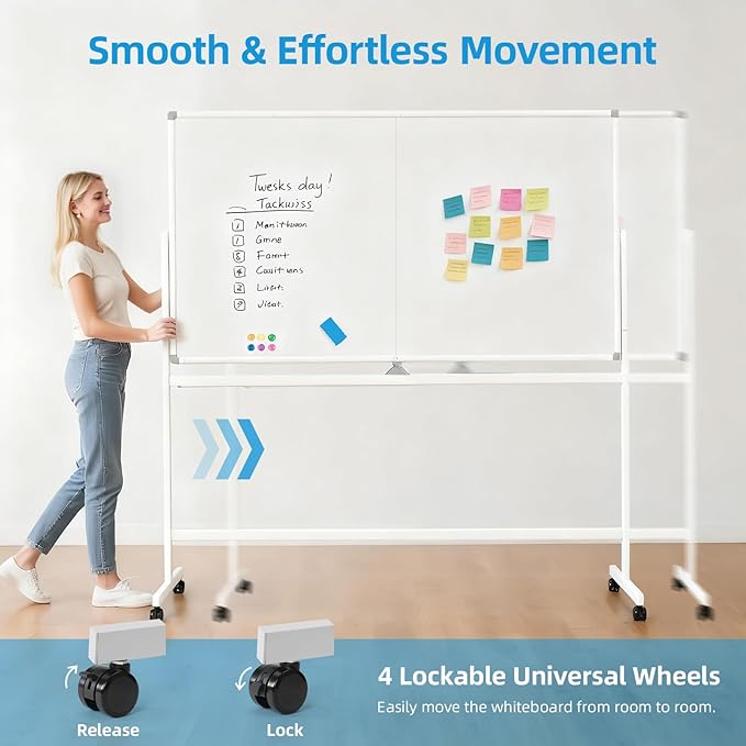 VOWNER Double-Sided Magnetic Whiteboard, 72" x 40" Large Mobile Dry Erase Board, Reversible Rolling White Board with Aluminum Frame & Stand, for Home Office, Classroom, School, White