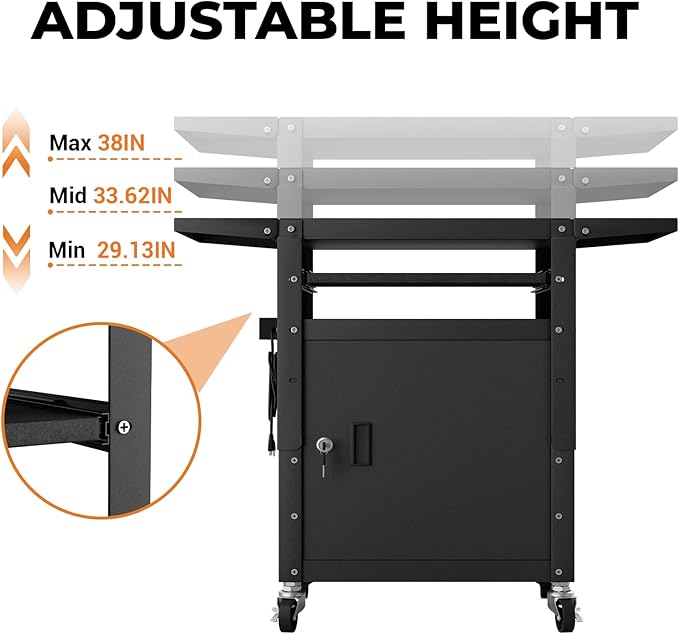 Mobile AV Cart with Pullout Keyboard Tray, Rolling Computer Cart Height Adjustable Rolling Media Utility Cart with Extra Storage Space, 4 Outlets, Perfect for Home or Office Use