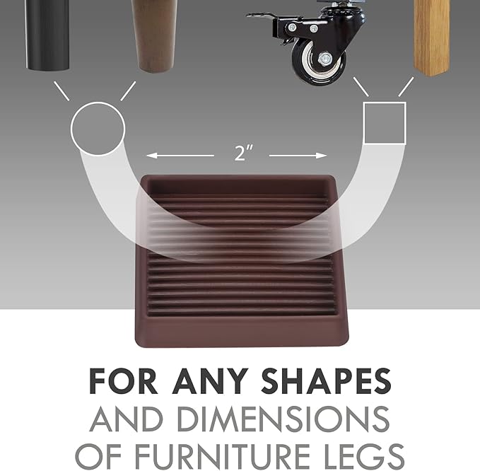 VOCOMO 2X2 Rubber Caster Cups, Non Slip Furniture Pads, Anti-Slip Gripper, Anti Skid Furniture Feet, Anti Slide Floor Protector for Bed Couch Table Chair Stoppers - 12 Pack, Brown