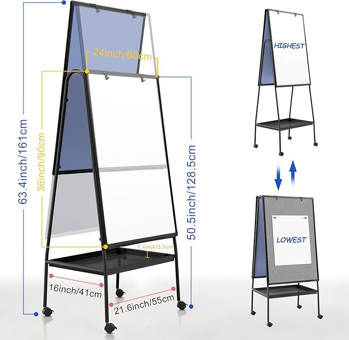 MAKELLO Rolling Whiteboard on Wheels 36x24 in, Double-Side Standing White Board Grey Bulletin Board Combo with Storage Tray for Office Classroom Commerce, Height Adjustable, Aluminum Frame, 3'x2'