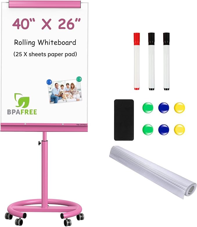 TSJ OFFICE Rolling Whiteboard Standing - 40 x 26 Inches Magnetic Mobile White Board with Stand, Height Adjustable Dry Erase Board on Wheels with Paper Clamp on Top, Violet