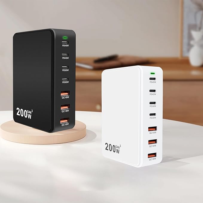USB C Charger Block 200W 7 Port GaN Fast Charging Block Station, Multiport PD QC3.0 Brick Hub Compatible with Laptop MacBook Pro/Air, iPad, iPhone 17/16/15, Galaxy S23/22, DELL, Steam Deck(White)