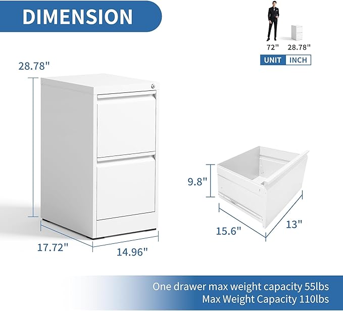 FLIXELIO 2 Drawer File Cabinet with Lock,Metal Vertical Filing Cabinets for Home Office,Heavy Duty File Storage Cabinet for Letter/Legal/A4/F4 Size File,Assembly Require (White, Vertical 2 Drawer)