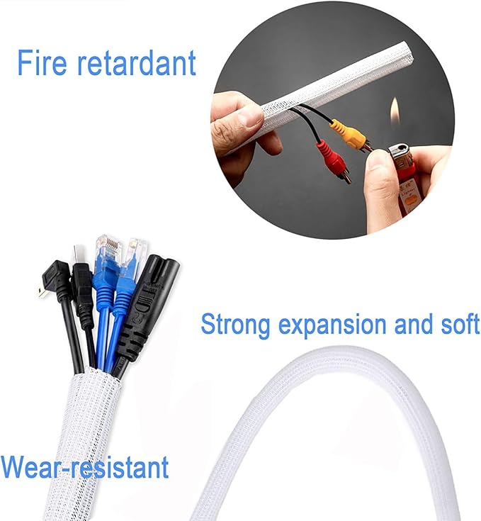 QCSIW 1/2 inch x 50ft Split Sleeve Wire Loom Tubing - Durable Cord Protector for USB, Power Cords, Audio/Video Cables | Chew-Proof Cable Sleeve to Protect Pets & Wires | Easy Installation, White