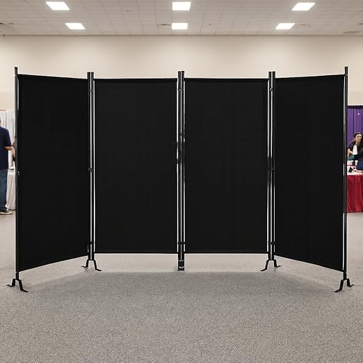 Proman Products - Galaxy 4 Panel Section Privacy Folding Screen Divider, Water Repellent Fabric Room Divider with Black Powder Coated Metal Frame for Indoors or Outdoors (Black)