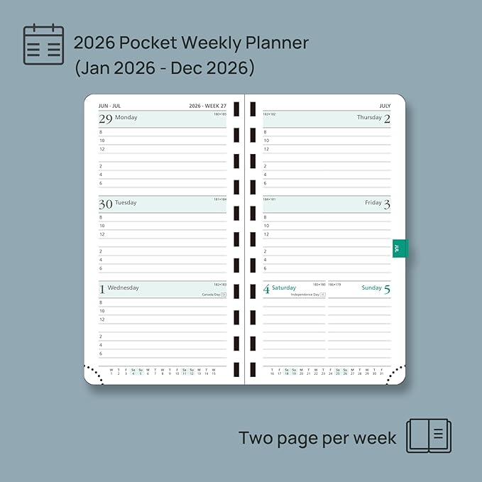 POPRUN 2026 Pocket Planner (Slim Size 3.5" x 6.5") Weekly and Monthly Calendar for Purse, with Hourly Time Slots, 100GSM Thick Paper, Spiral Soft Cover, Pen Holder - Burgundy Red