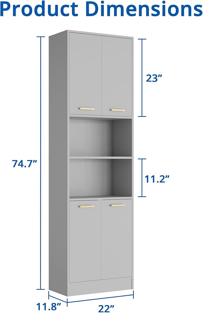 Cozy Castle Kitchen Pantry Cabinet, 75" Tall Wood Storage Cabinet with Doors and Shelves, 4 Doors Open Countertop Utility Hutch Cupboard for Dining Room Living Room Bathroom Furniture, Gray