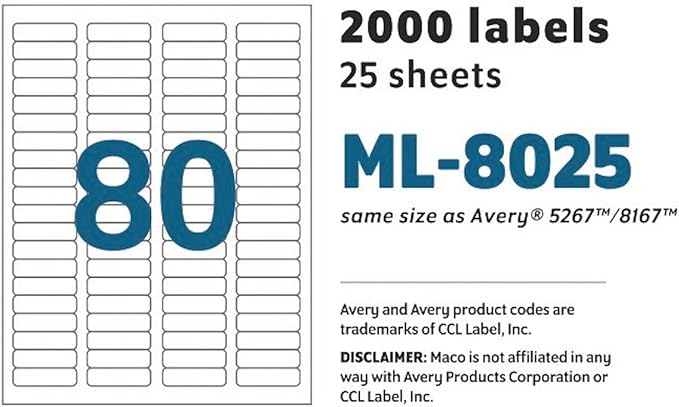 MACO Laser/Ink Jet White Return Address Labels, 1/2" x 1-3/4", 80 per Sheet, 2000 per Pack (ML-8025)