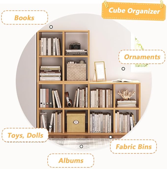 NELYE 6 Cube Organizer Bookcase - Fabric Storage Bins Container, Open Shelf Simple Compartments Bookshelf, Oak